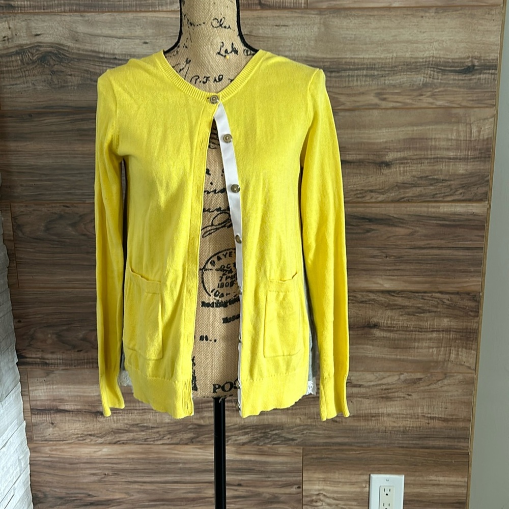 Cabi yellow, gray & white  button up sweater